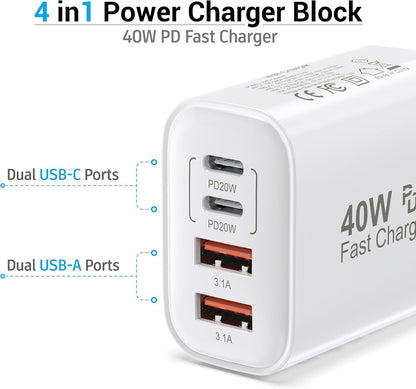 2-Pack 4-Port USB Charger PD20W + 3.1A Fast Charging for Iphone, Android