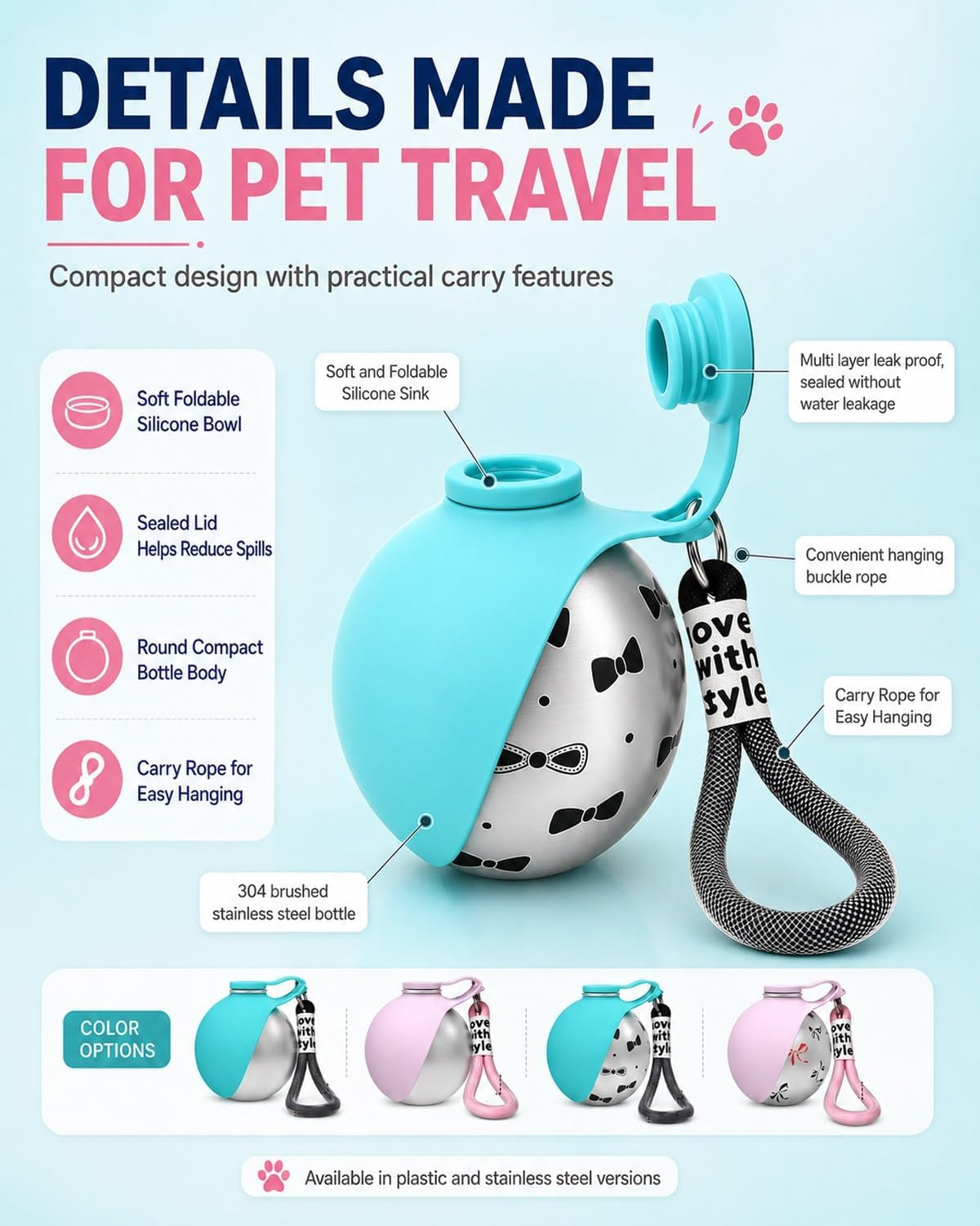 2 in 1 Portable Dog Water Bottle with Built in Bowl, 10 Oz Collapsible Stainless Steel Travel Dog Water Bowl Foldable Silicone Leak Proof Drinking Tumbler for Dogs on Walks