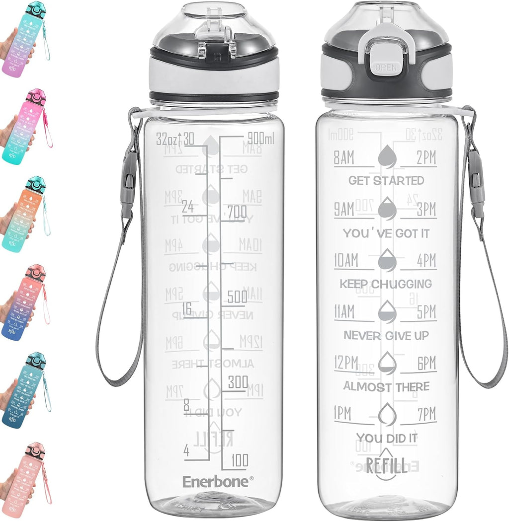 Enerbone 32 Oz Motivational Water Bottle with Time Markers & Straw - Leakproof, BPA-Free, Perfect for Fitness and Outdoor Adventures