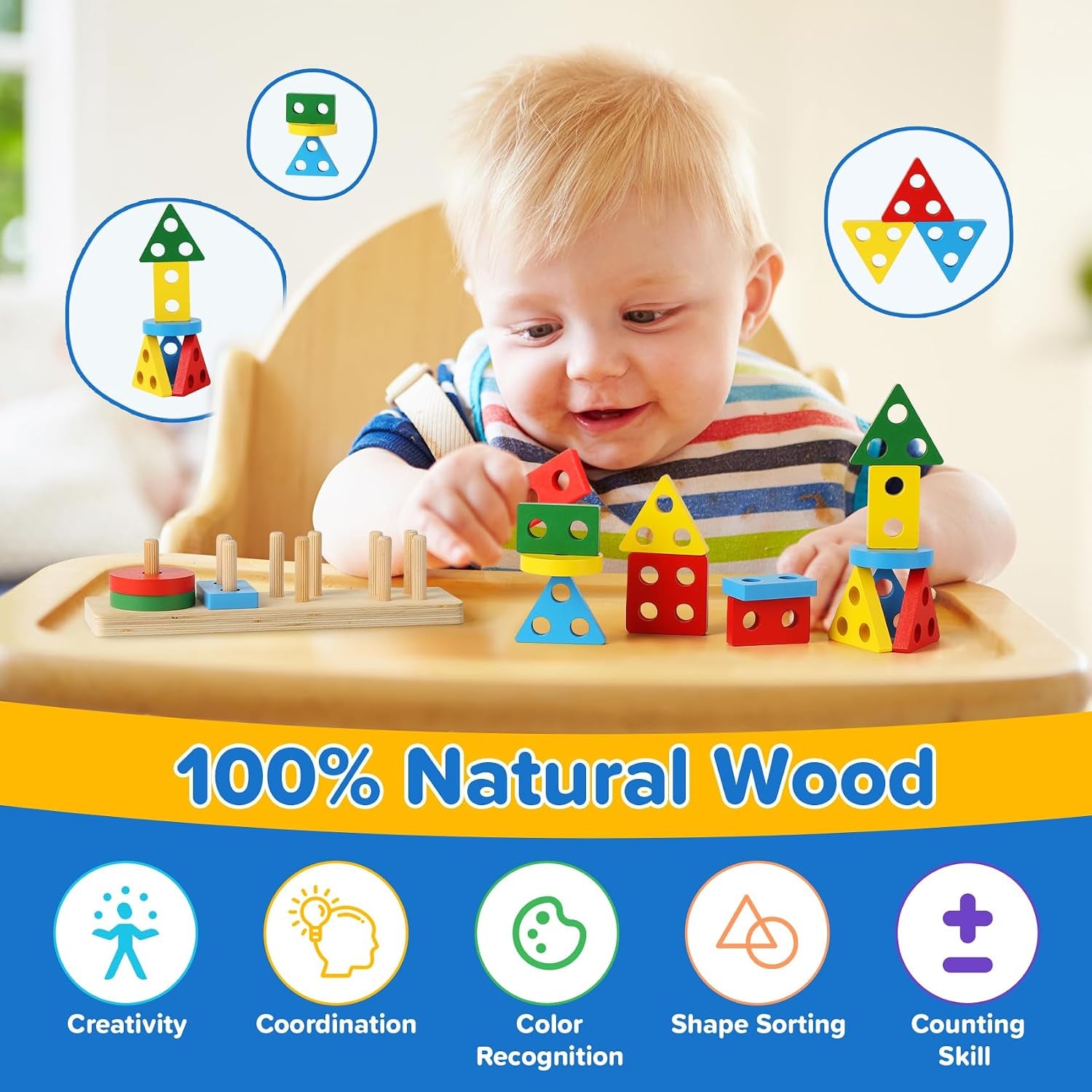 6-In-1 Baby Toys 6 to 12 Months, Montessori Toys for Babies 6-12-18 Months, Infant Teething Toy Stacking Blocks Rings Sensory Bin, Sorting Sensory Educational Learning Gift for Toddlers Aged 1-3