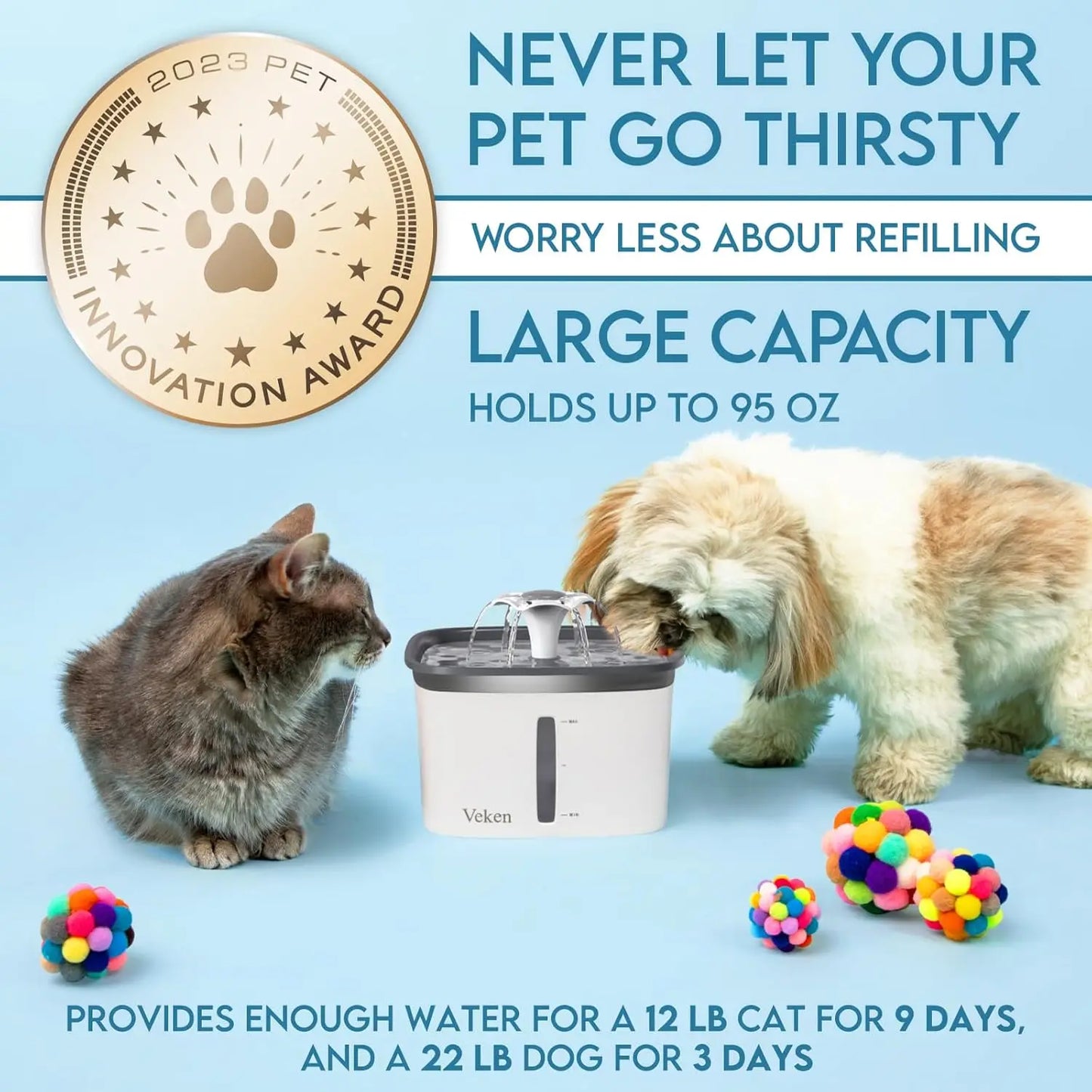 Innovation Award Winner 95Oz/2.8L Pet Fountain, Automatic Cat Water Fountain Dog Water Dispenser with Replacement Filters for Ca