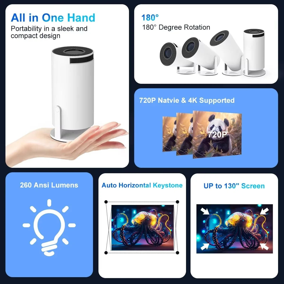 Android 11 4K Projector Wifi6 Hy300 Pro Allwinner H713 260Ansi Bt5.0 1280*720P Dual Wifi Home Theater Portable Outdoor