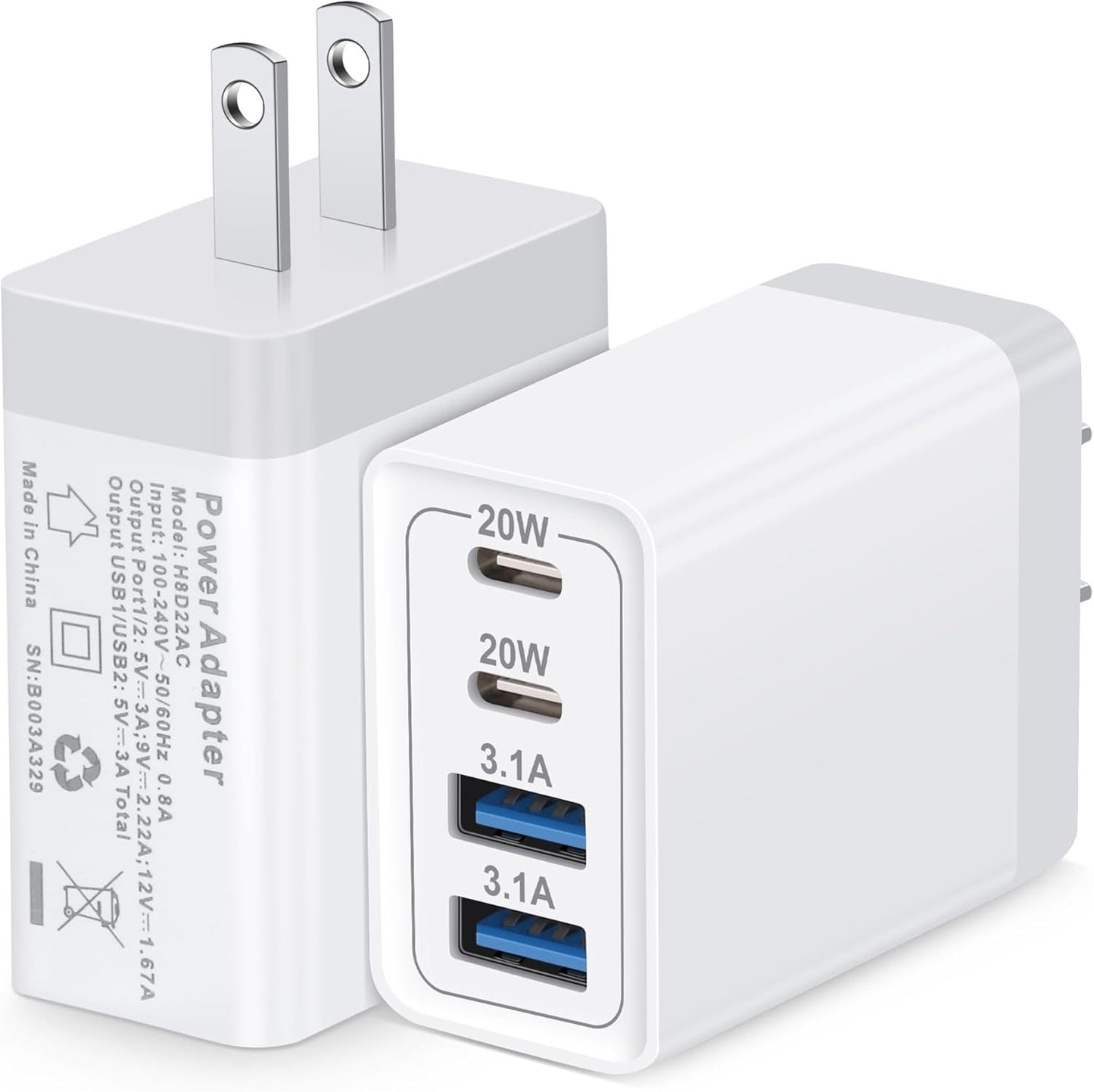 2-Pack 4-Port USB Charger PD20W + 3.1A Fast Charging for Iphone, Android