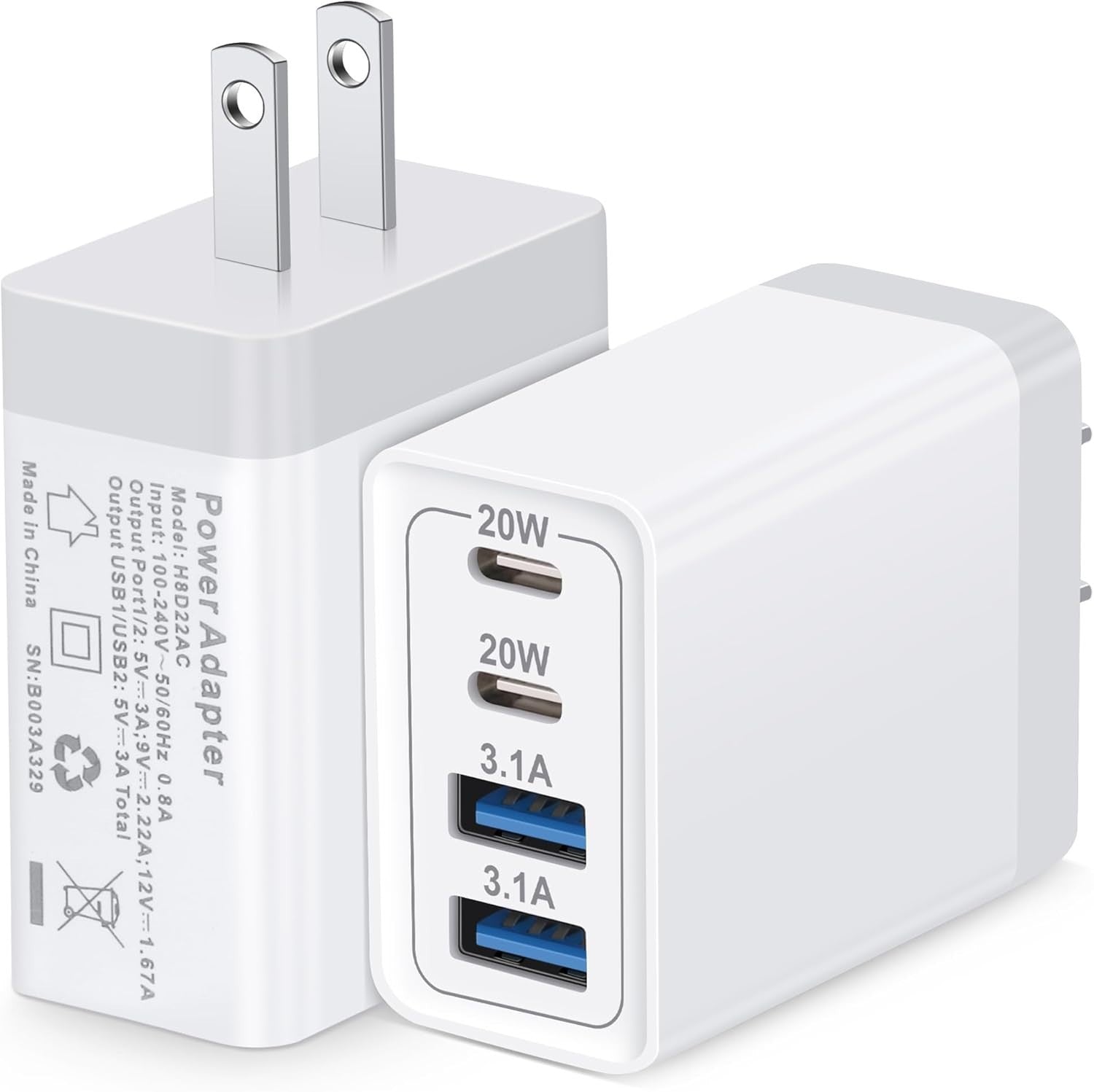 2-Pack 4-Port USB Charger PD20W + 3.1A Fast Charging for Iphone, Android