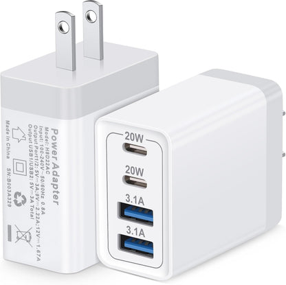 2-Pack 4-Port USB Charger PD20W + 3.1A Fast Charging for Iphone, Android