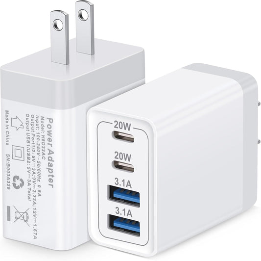 2-Pack 4-Port USB Charger PD20W + 3.1A Fast Charging for Iphone, Android