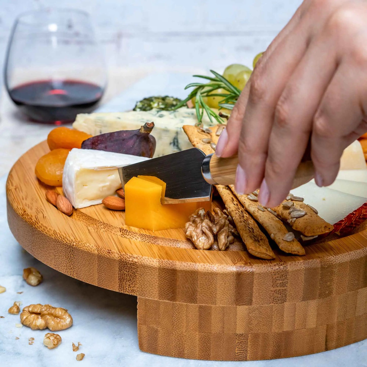 Bamboo Cheese Board and Knife Set - 10 Inch Swiveling Charcuterie Board with Slide-Out Drawer