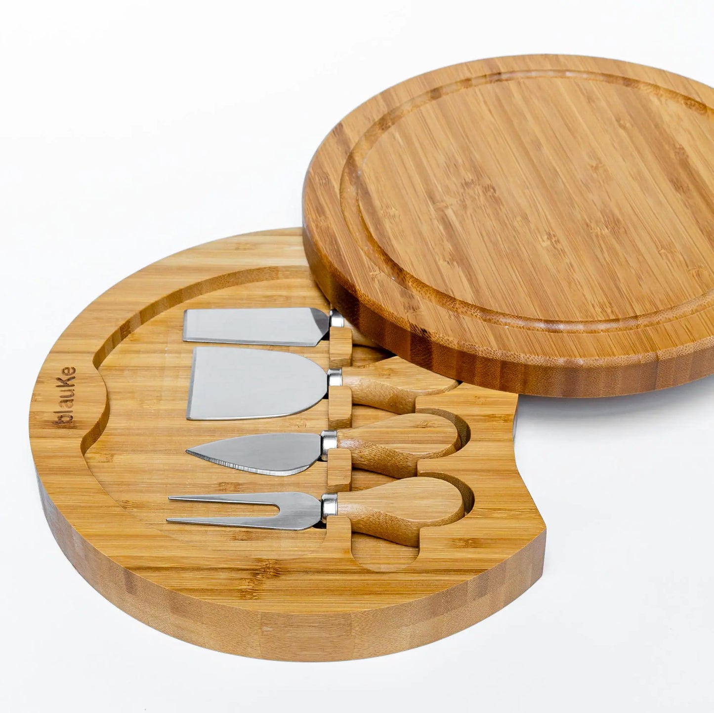 Bamboo Cheese Board and Knife Set - 10 Inch Swiveling Charcuterie Board with Slide-Out Drawer