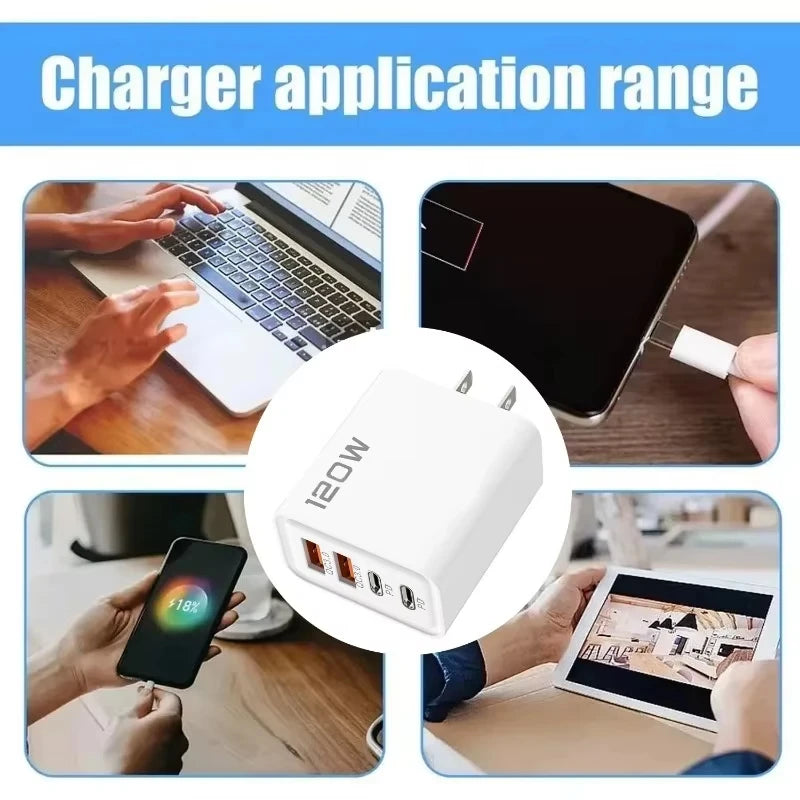 2026 New120W 4 Port USB Type C Charging Fast Charger Power Adapter For iPhone 14/13/12 Series Samsung Galaxy Huawei Charge