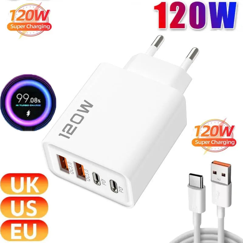 2026 New120W 4 Port USB Type C Charging Fast Charger Power Adapter For iPhone 14/13/12 Series Samsung Galaxy Huawei Charge