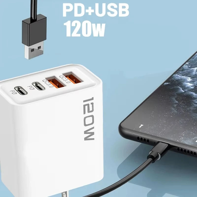 2026 New120W 4 Port USB Type C Charging Fast Charger Power Adapter For iPhone 14/13/12 Series Samsung Galaxy Huawei Charge