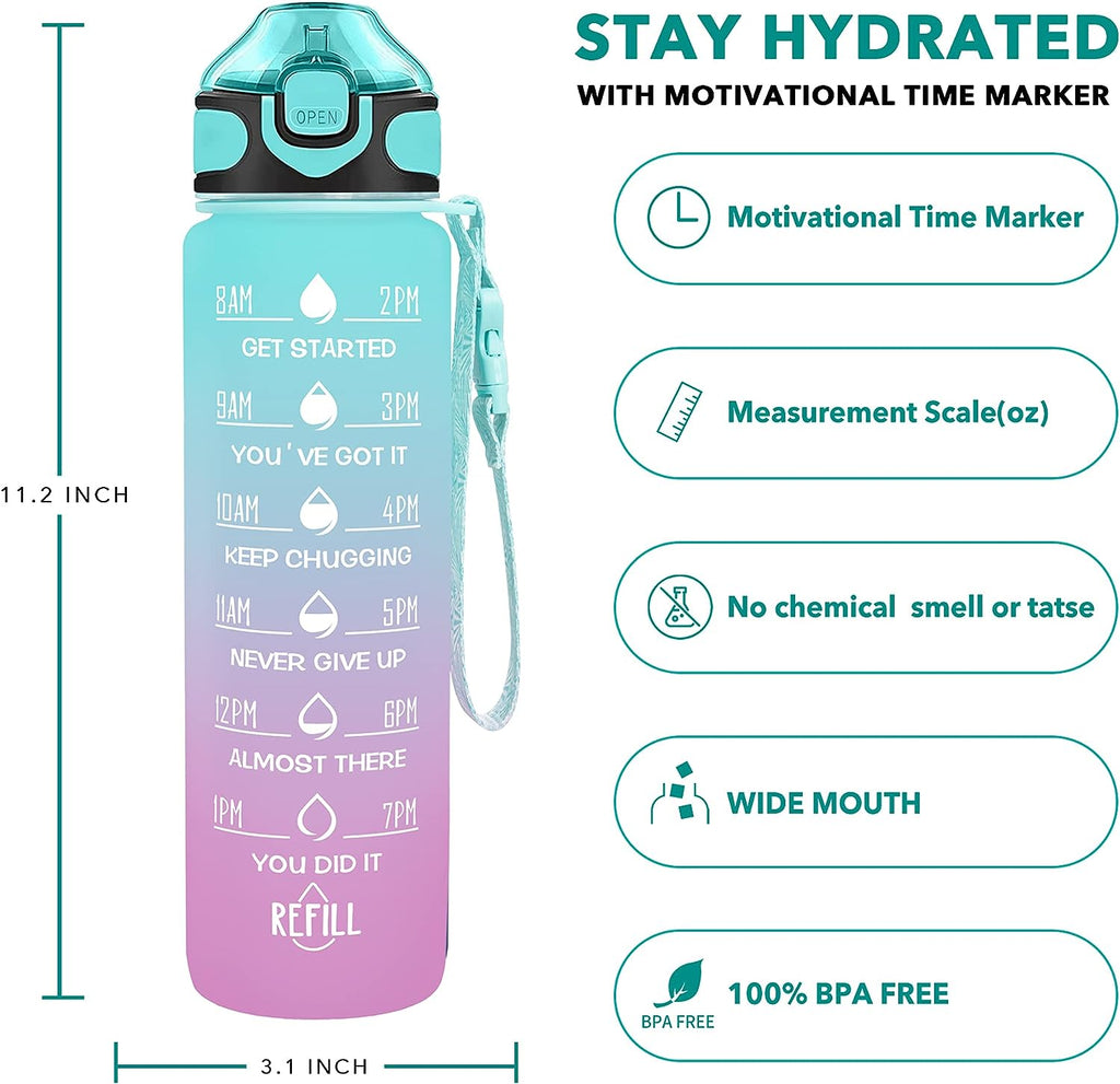 Enerbone 32 Oz Motivational Water Bottle with Time Markers & Straw - Leakproof, BPA-Free, Perfect for Fitness and Outdoor Adventures