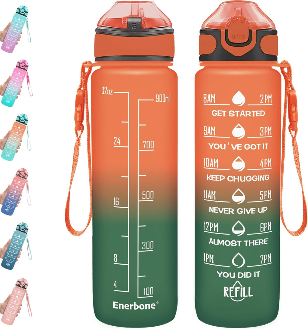 Enerbone 32 Oz Motivational Water Bottle with Time Markers & Straw - Leakproof, BPA-Free, Perfect for Fitness and Outdoor Adventures