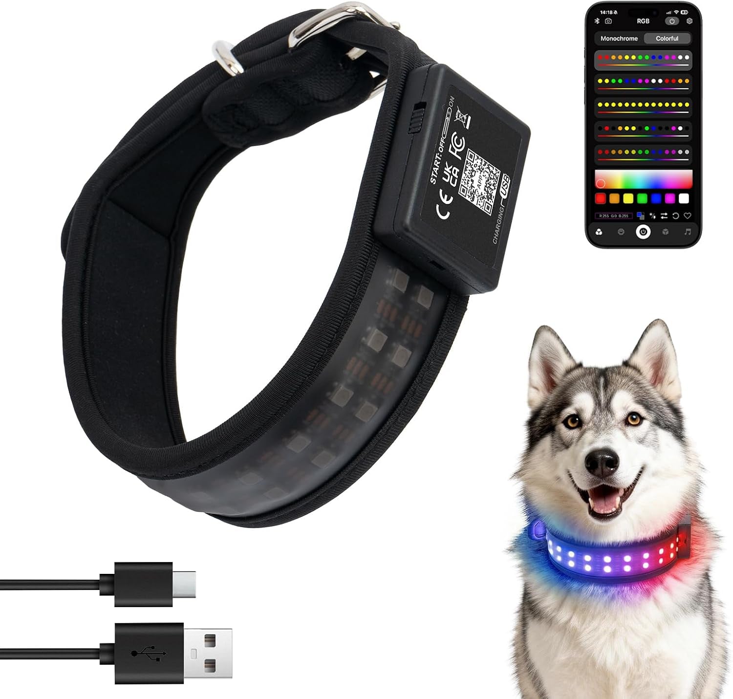 UNISE Customizable LED Dog Collar: RGB Color Changing Light up Dog Collar, 20+ Lighting Modes & Adjustable Brightness for Night Safety, IP65 Waterproof, App Controlled, Fits Small Medium Large Dogs