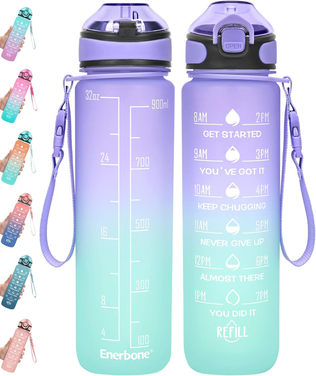 Enerbone 32 Oz Motivational Water Bottle with Time Markers & Straw - Leakproof, BPA-Free, Perfect for Fitness and Outdoor Adventures