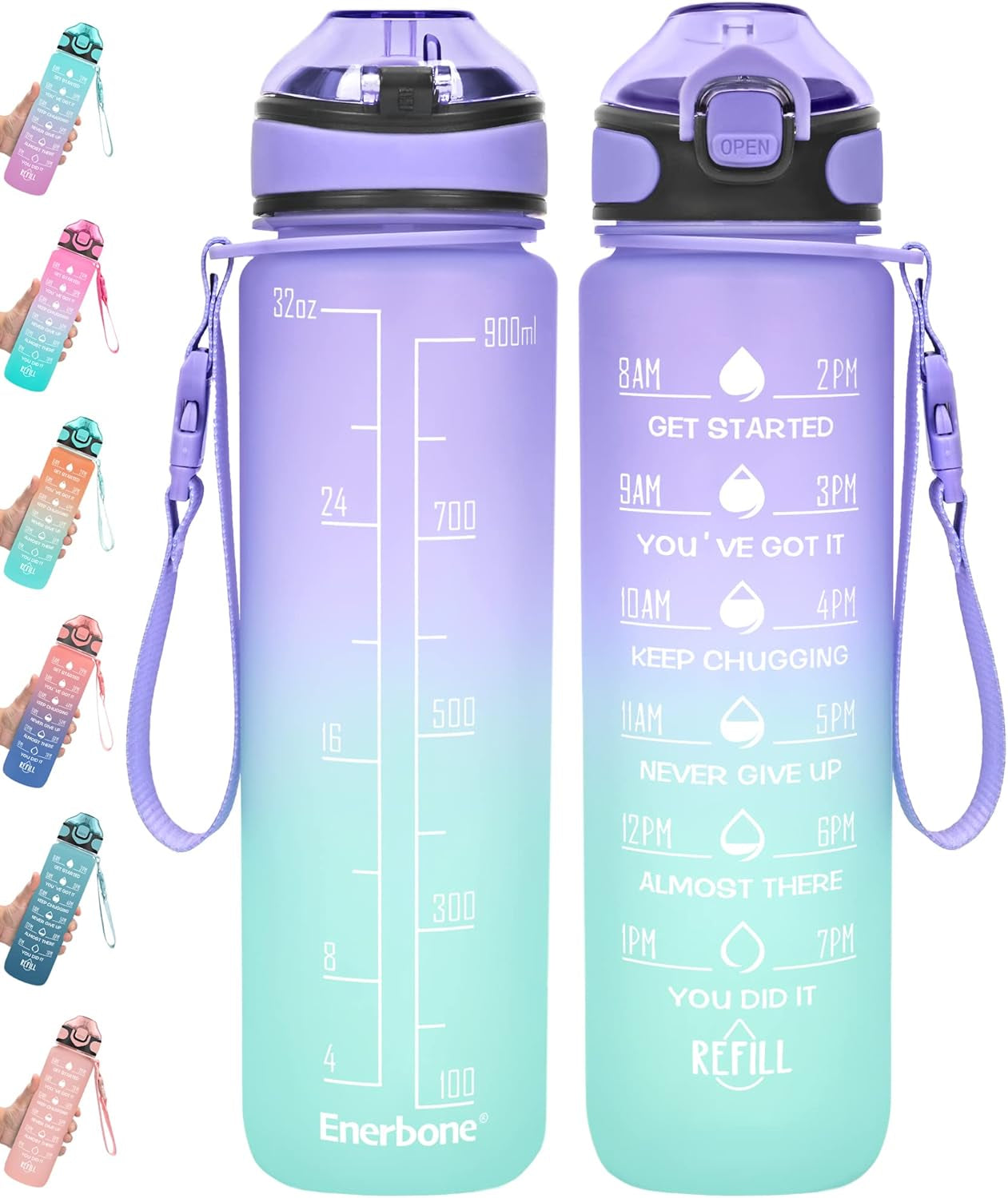 Enerbone 32 Oz Motivational Water Bottle with Time Markers & Straw - Leakproof, BPA-Free, Perfect for Fitness and Outdoor Adventures