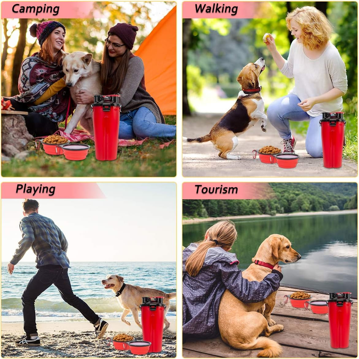 Esing Dog Water Bottles W/Bowls Pet Portable Drinking Bottle Puppy Travel Dispenser Doggie Kettle Kittens Feeding Cup W/Food Container (Red)