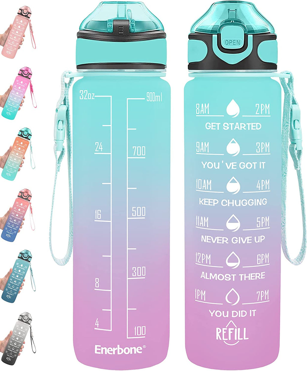 Enerbone 32 Oz Motivational Water Bottle with Time Markers & Straw - Leakproof, BPA-Free, Perfect for Fitness and Outdoor Adventures