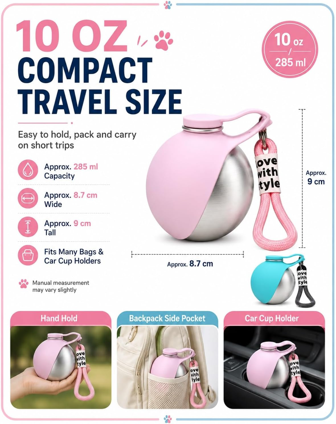 2 in 1 Portable Dog Water Bottle with Built in Bowl, 10 Oz Collapsible Stainless Steel Travel Dog Water Bowl Foldable Silicone Leak Proof Drinking Tumbler for Dogs on Walks
