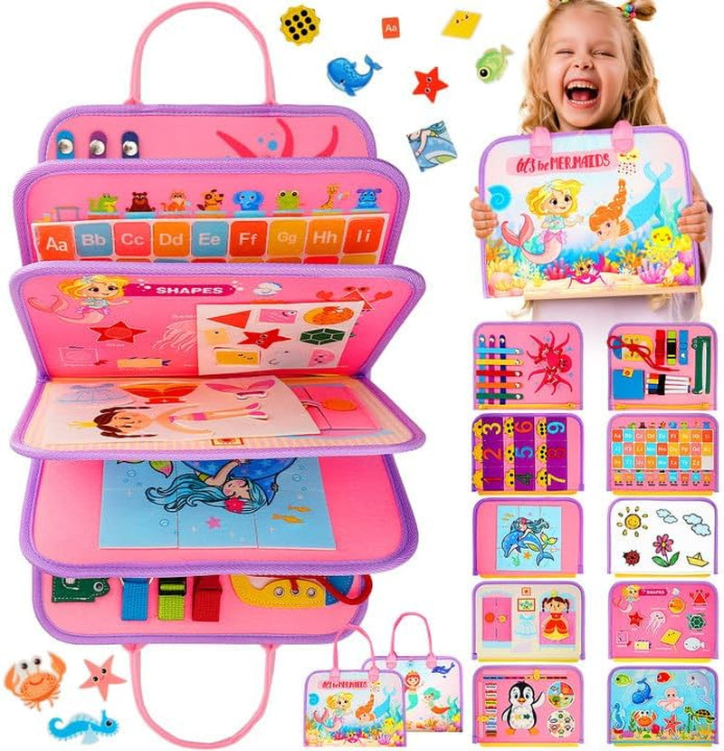 Toddler Busy Board, Montessori Toys for Boys, Sensory Board Birthday Gifts - Educational Busy Book, Learning Toys for Toddlers, Preschool Learning Activities and Travel Toys for Airplane Car, Blue