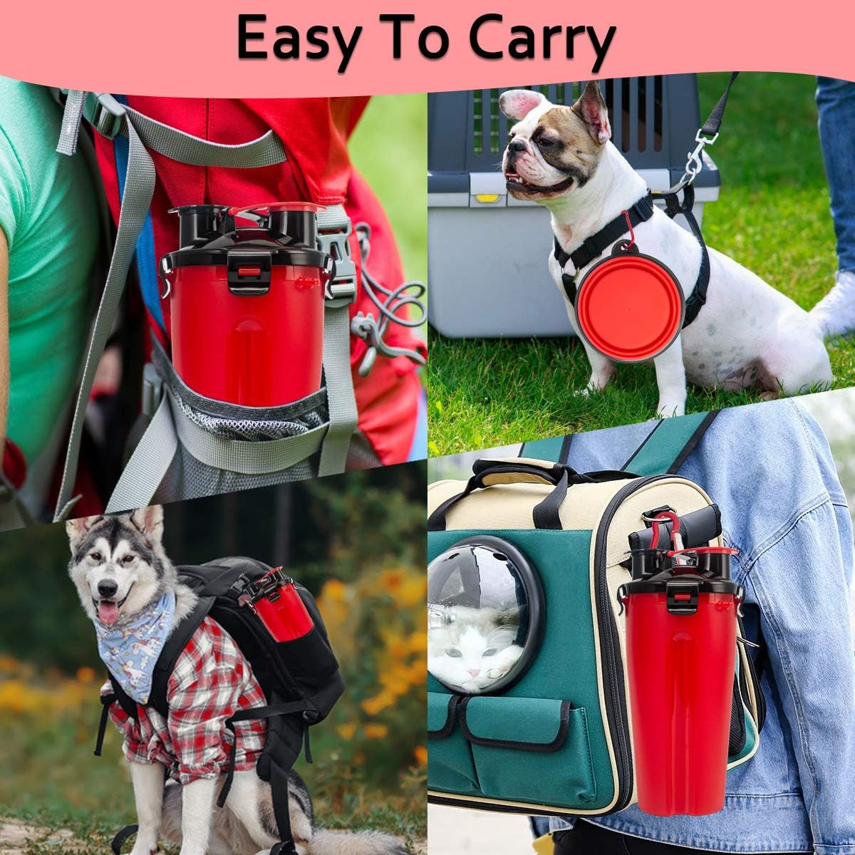 Esing Dog Water Bottles W/Bowls Pet Portable Drinking Bottle Puppy Travel Dispenser Doggie Kettle Kittens Feeding Cup W/Food Container (Red)