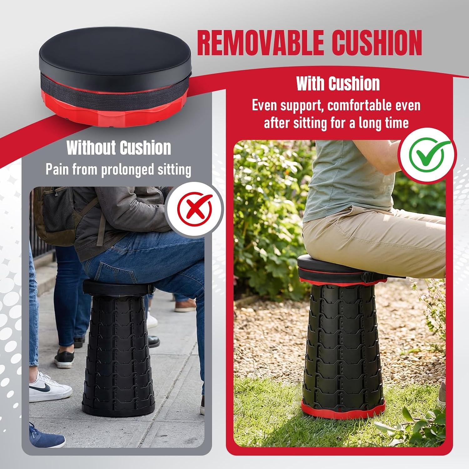 2026 Upgraded Collapsible Stool with Cushion, Portable Folding Stool for Adults Heavy Duty, Camping Stools for Outdoor Camping Travel Hiking Fishing, Adujstable Folding Chair Footrest,Red