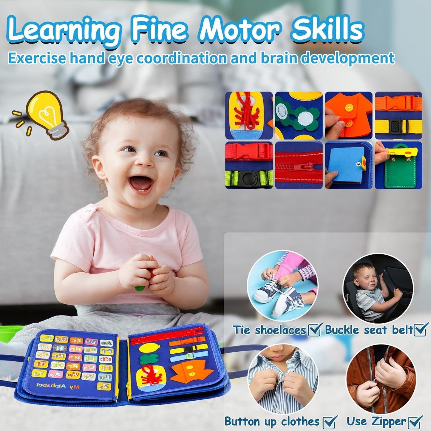 Toddler Busy Board, Montessori Toys for Boys, Sensory Board Birthday Gifts - Educational Busy Book, Learning Toys for Toddlers, Preschool Learning Activities and Travel Toys for Airplane Car, Blue