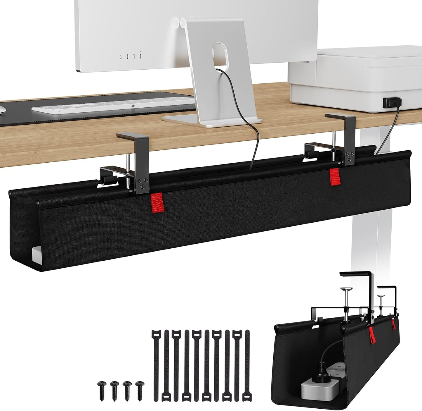 KEEGH Extra Large 48" under Desk Cable Management Tray - under Desk Cord Management - Clamp/Screw Mount - Support Upto 70Lbs - Fabric Wire Management - Cable Raceways Tray Cord Hiders for Office/Home