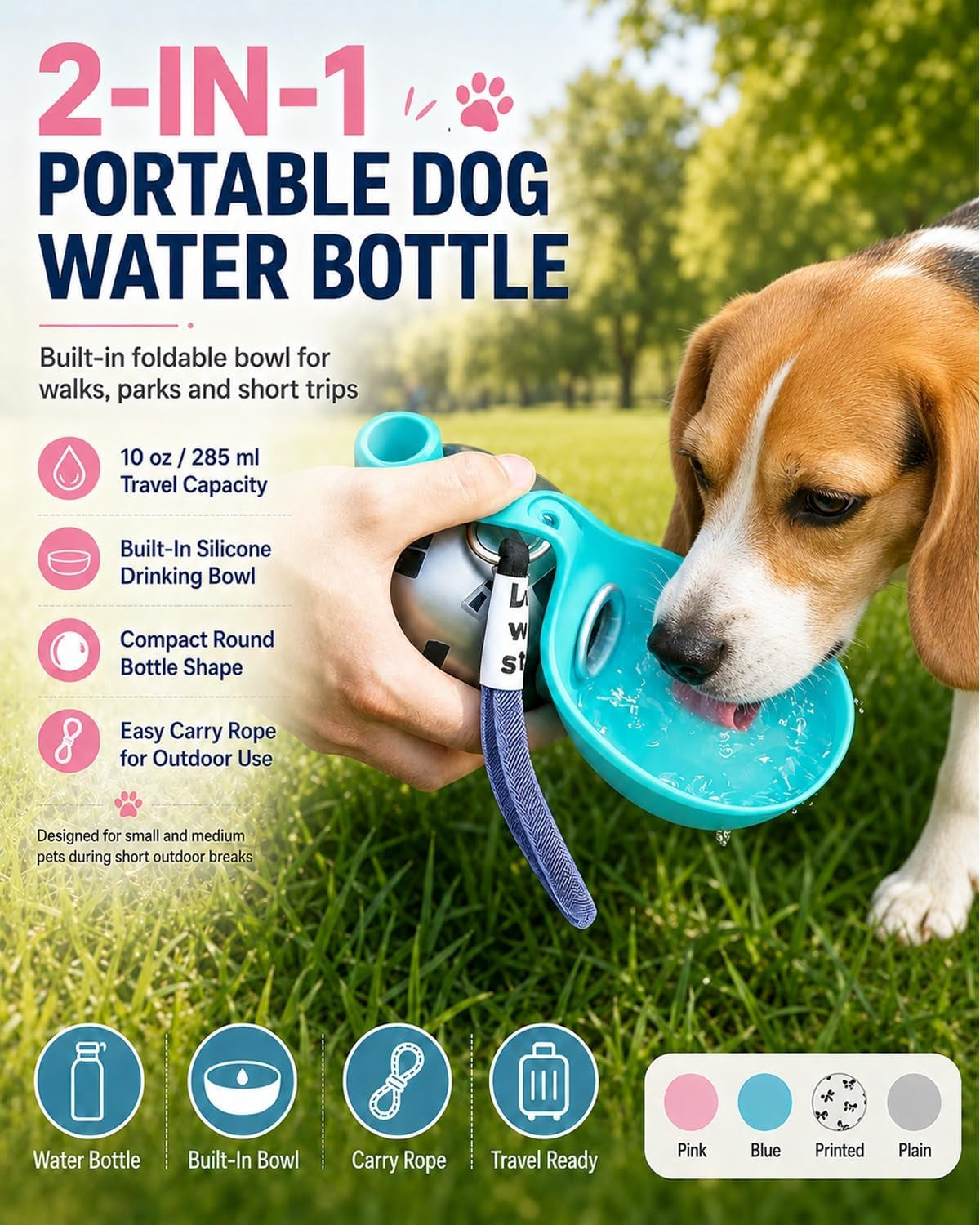 2 in 1 Portable Dog Water Bottle with Built in Bowl, 10 Oz Collapsible Stainless Steel Travel Dog Water Bowl Foldable Silicone Leak Proof Drinking Tumbler for Dogs on Walks