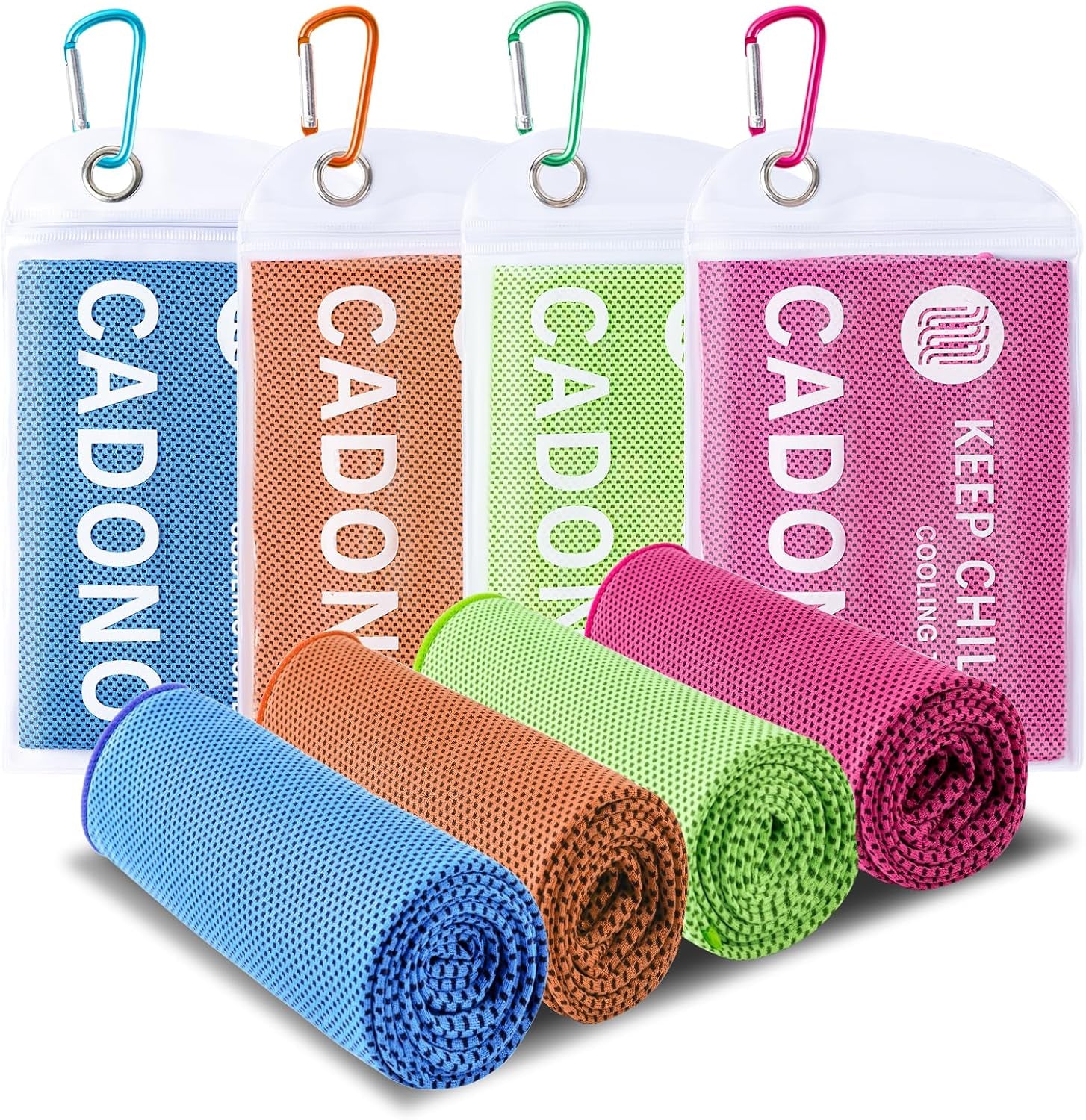 CADONO 4 Pack Cooling Towel (40"X12"), Soft Breathable Chilly Towel, Ice Towel, Microfiber Towel for Yoga, Sport, Running, Workout,Gym, Camping, Fitness, Workout & More Activities(Multicolor)