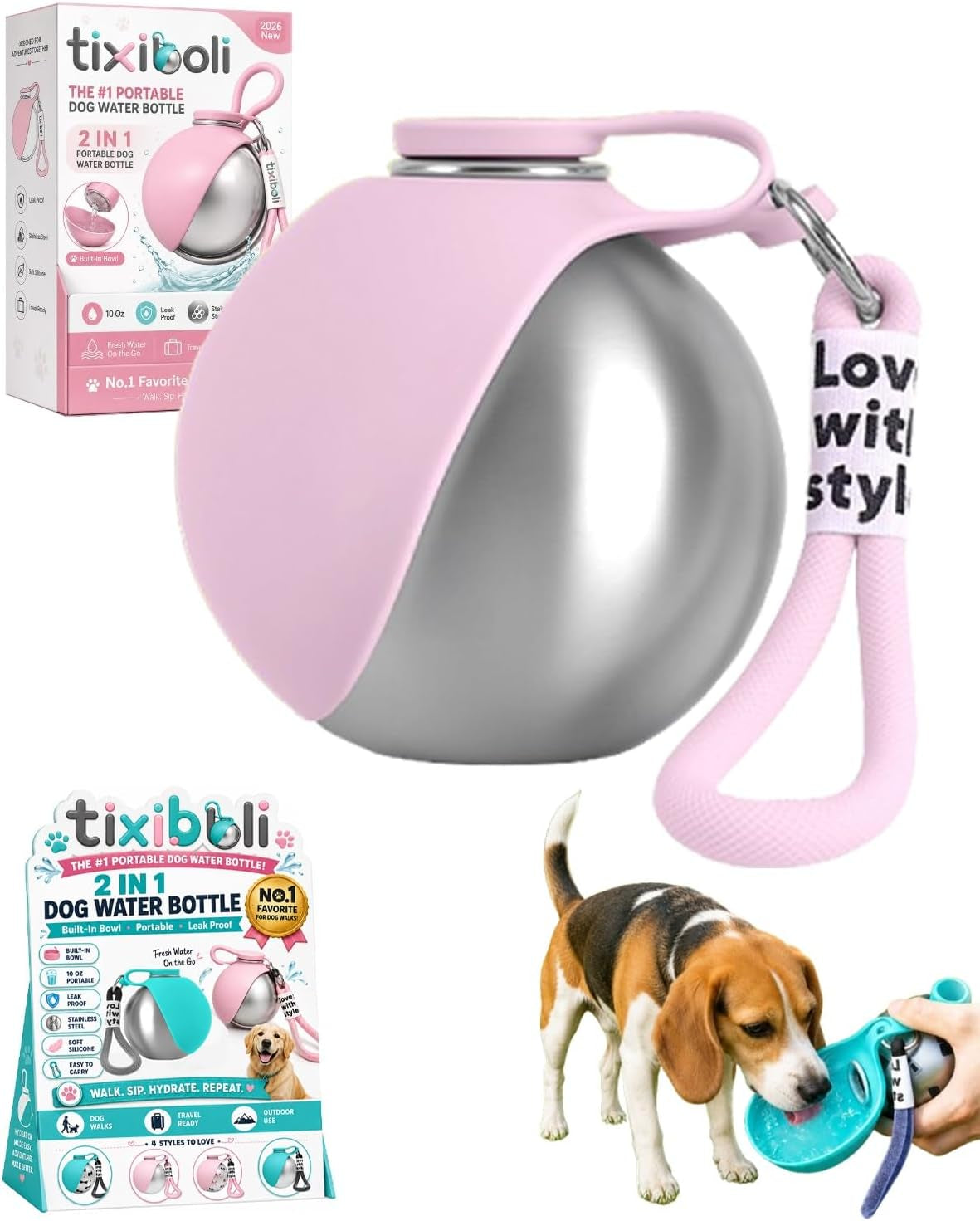 2 in 1 Portable Dog Water Bottle with Built in Bowl, 10 Oz Collapsible Stainless Steel Travel Dog Water Bowl Foldable Silicone Leak Proof Drinking Tumbler for Dogs on Walks