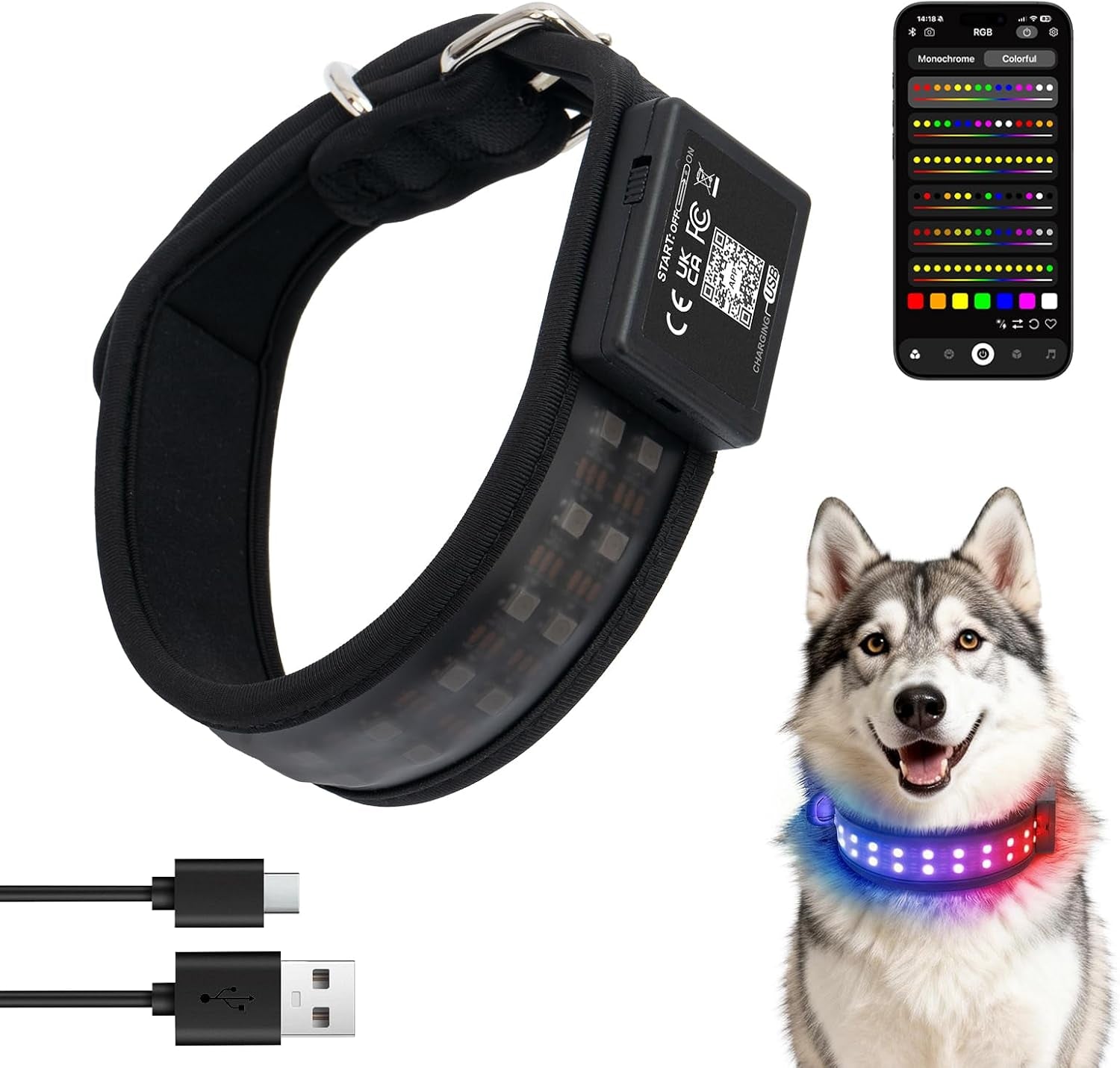 UNISE Customizable LED Dog Collar: RGB Color Changing Light up Dog Collar, 20+ Lighting Modes & Adjustable Brightness for Night Safety, IP65 Waterproof, App Controlled, Fits Small Medium Large Dogs
