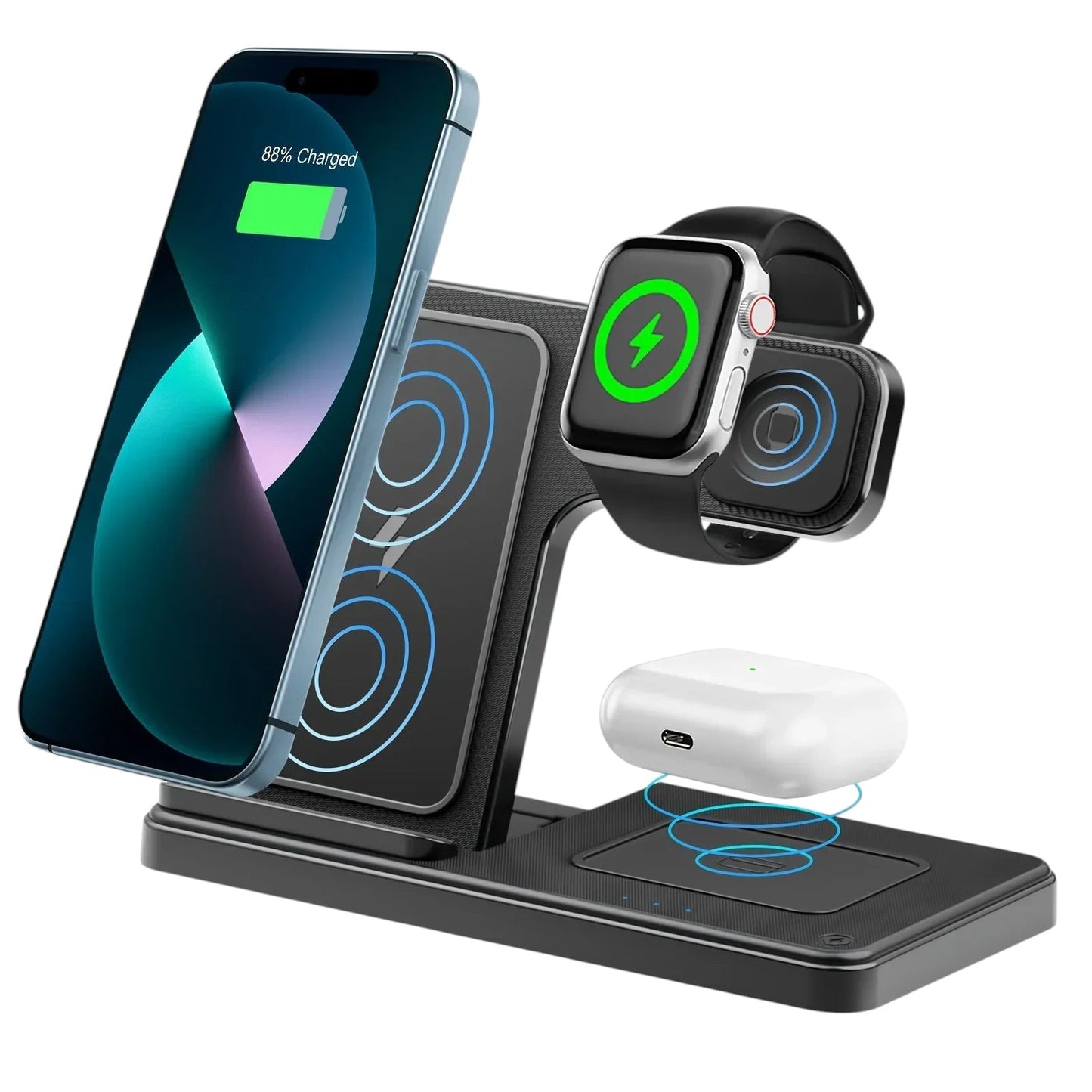 Essential Selects 3-in-1 black magnetic wireless charger stand holding an iPhone, Apple Watch, and AirPods Pro.