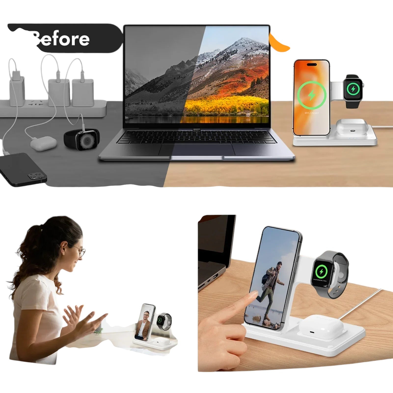 Essential Selects 3-in-1 magnetic wireless charging stand for iPhone, Apple Watch, and AirPods on a clean desk setup.