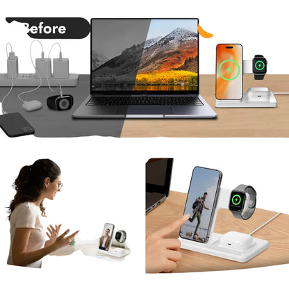 Essential Selects 3-in-1 magnetic wireless charging stand for iPhone, Apple Watch, and AirPods on a clean desk setup.