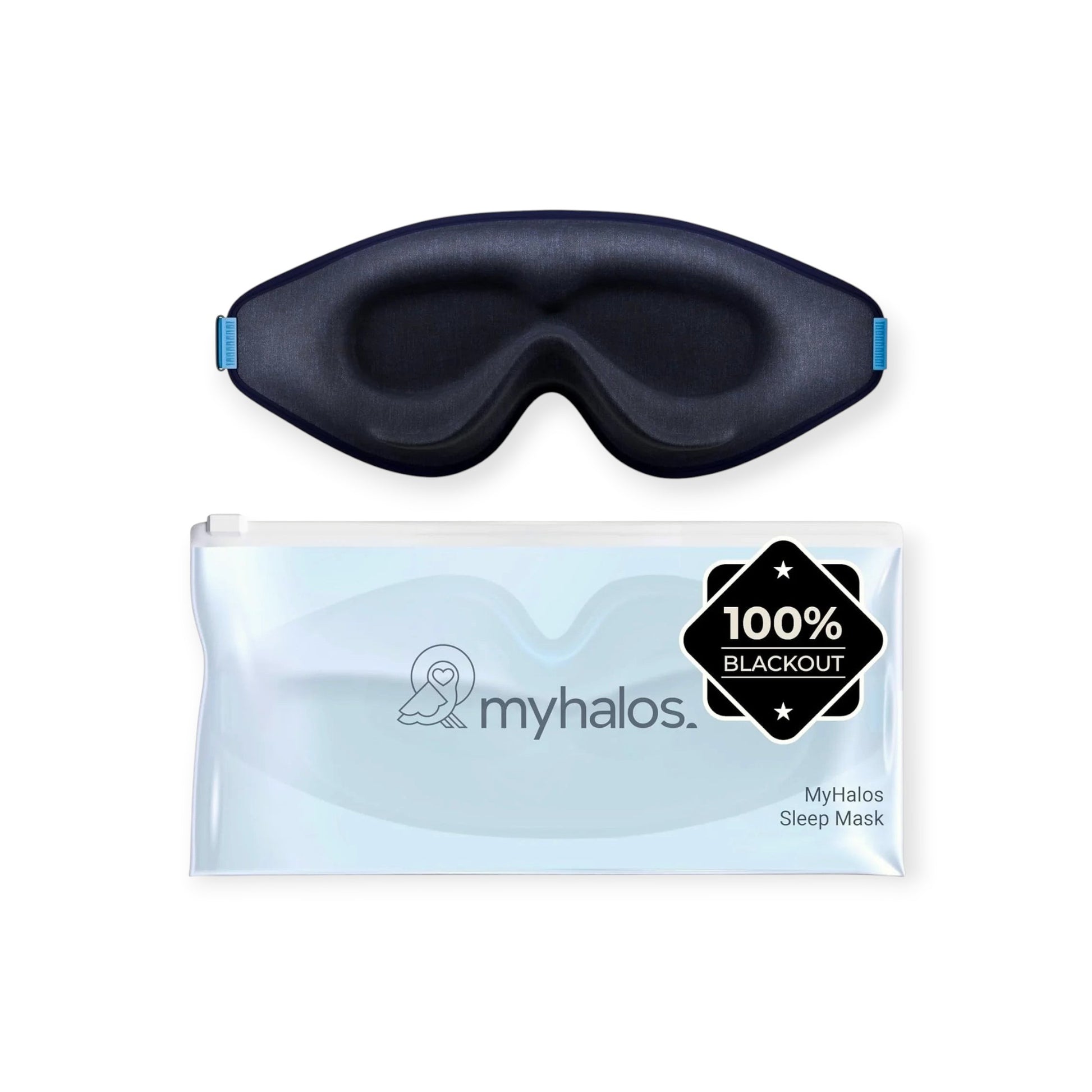Essential Selects 3D contoured black sleep mask with zero-pressure eye cups and a protective travel storage pouch.