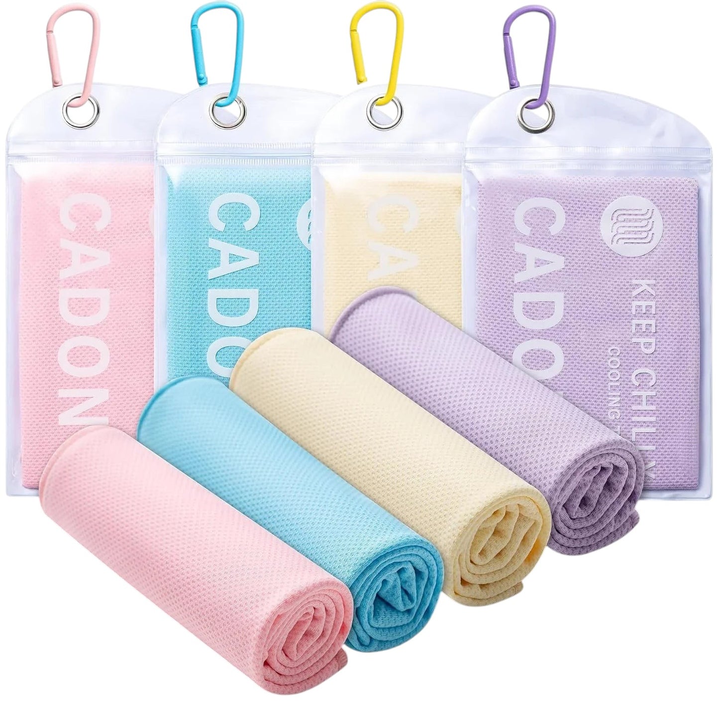 Essential Selects 4-pack of colorful microfiber cooling towels with individual waterproof pouches and carabiner clips.