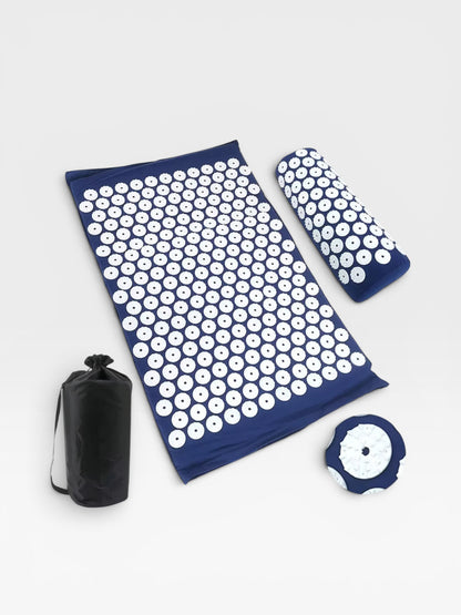 Essential Selects blue acupressure mat and pillow set with white ABS plastic spikes for relaxation and back pain relief