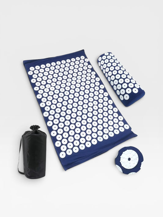 Essential Selects blue acupressure mat and pillow set with white ABS plastic spikes for relaxation and back pain relief