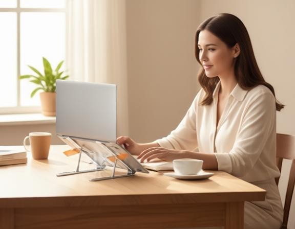 Essential Selects 10-level adjustable aluminum laptop stand in space silver on a desk with a woman working