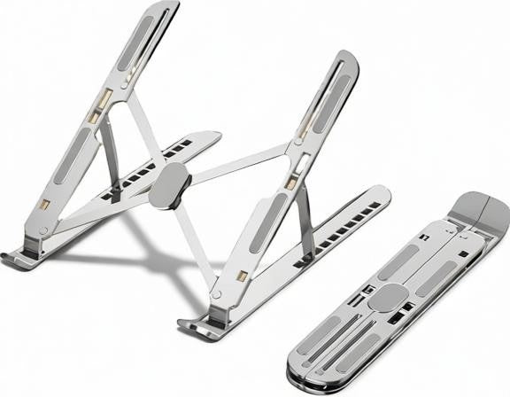 Essential Selects 10-level adjustable silver aluminum laptop stand shown in both open and folded positions.