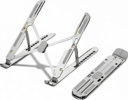 Essential Selects 10-level adjustable silver aluminum laptop stand shown in both open and folded positions.