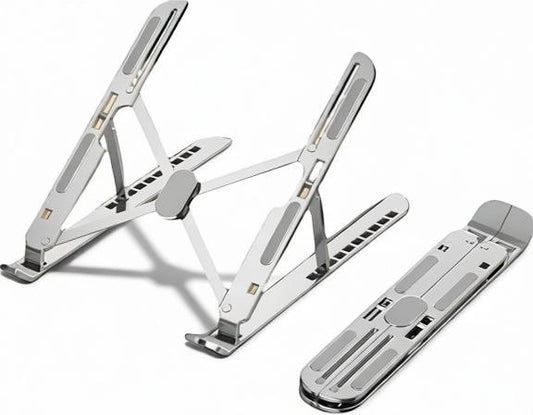 Essential Selects 10-level adjustable silver aluminum laptop stand shown in both open and folded positions.