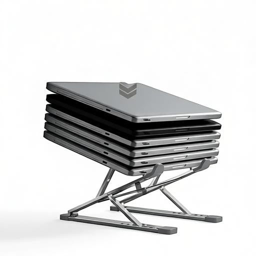 Essential Selects YYLMONE adjustable silver aluminum laptop stand holding a stack of laptops on a white background