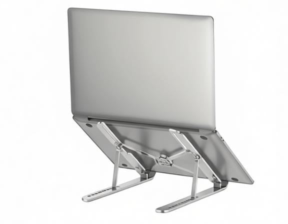 Essential Selects space silver adjustable aluminum laptop stand holding a notebook at an ergonomic angle
