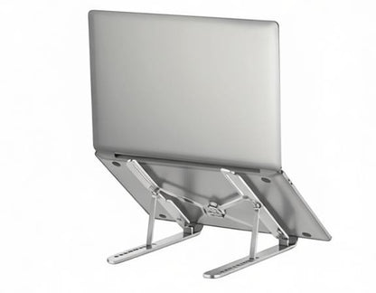 Essential Selects space silver adjustable aluminum laptop stand holding a notebook at an ergonomic angle