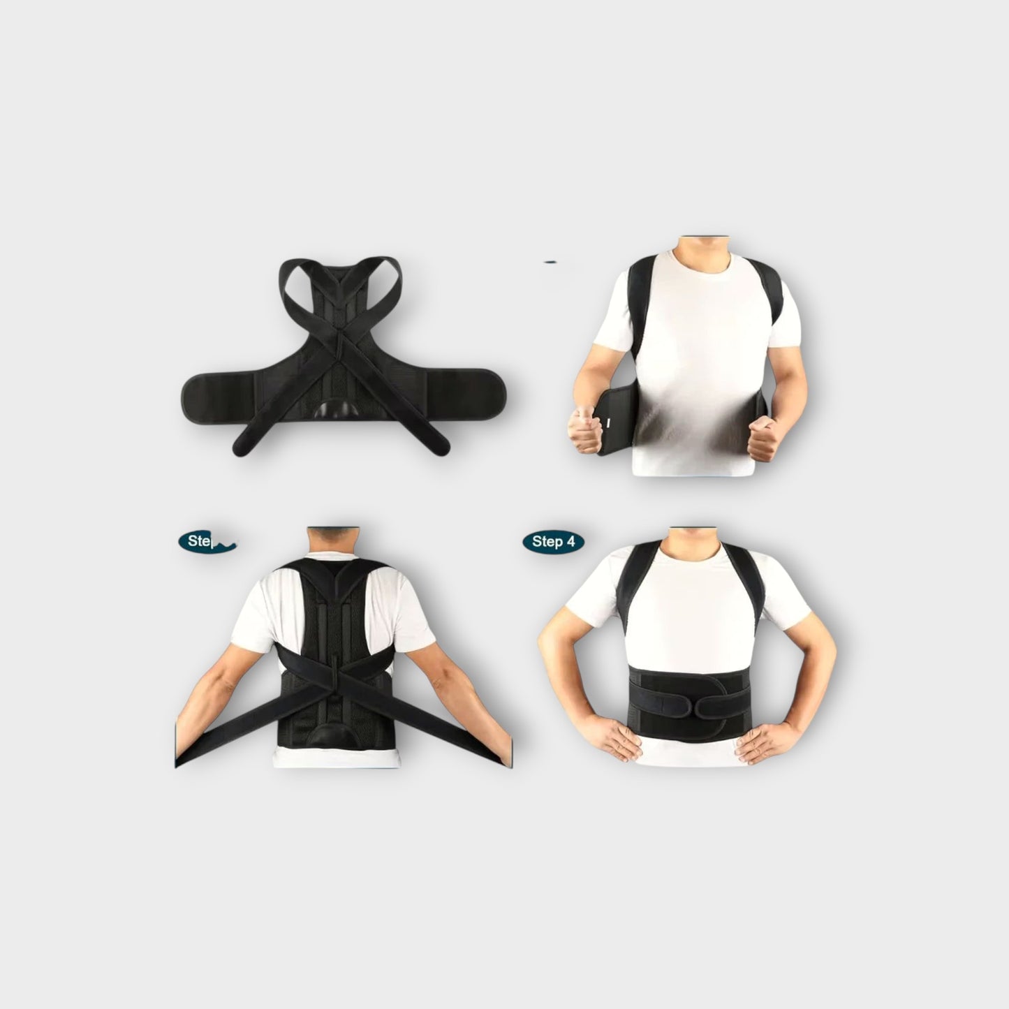 Essential Selects adjustable black posture corrector brace showing front and back views on a person for spinal support.