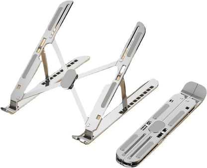 Essential Selects 10-level adjustable silver laptop stand shown in both open and folded positions for portability.