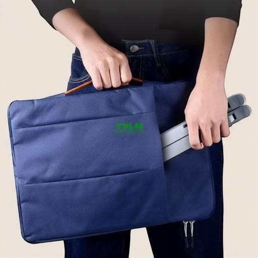 Essential Selects YYLMONE adjustable aluminum laptop stand being carried in a blue fabric laptop sleeve case
