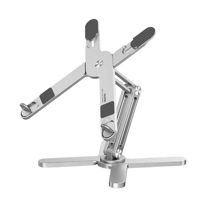 Essential Selects silver aluminum foldable laptop stand with 360-degree rotation and ergonomic adjustable arms